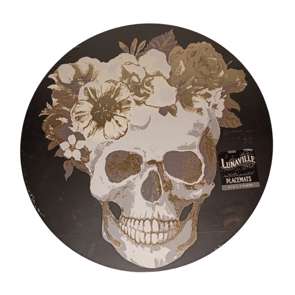 Halloween Skull Floral Placemats with metallic accents (Set of 4, Round 15 inch) - Picture 1 of 6